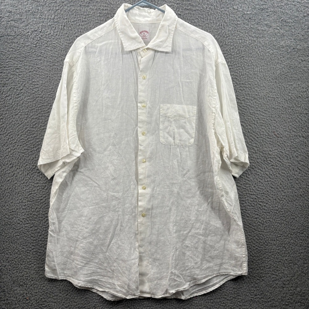 Brooks Brothers Shirt Mens XL White 100% Linen Short Sleeve Button Down Preppy